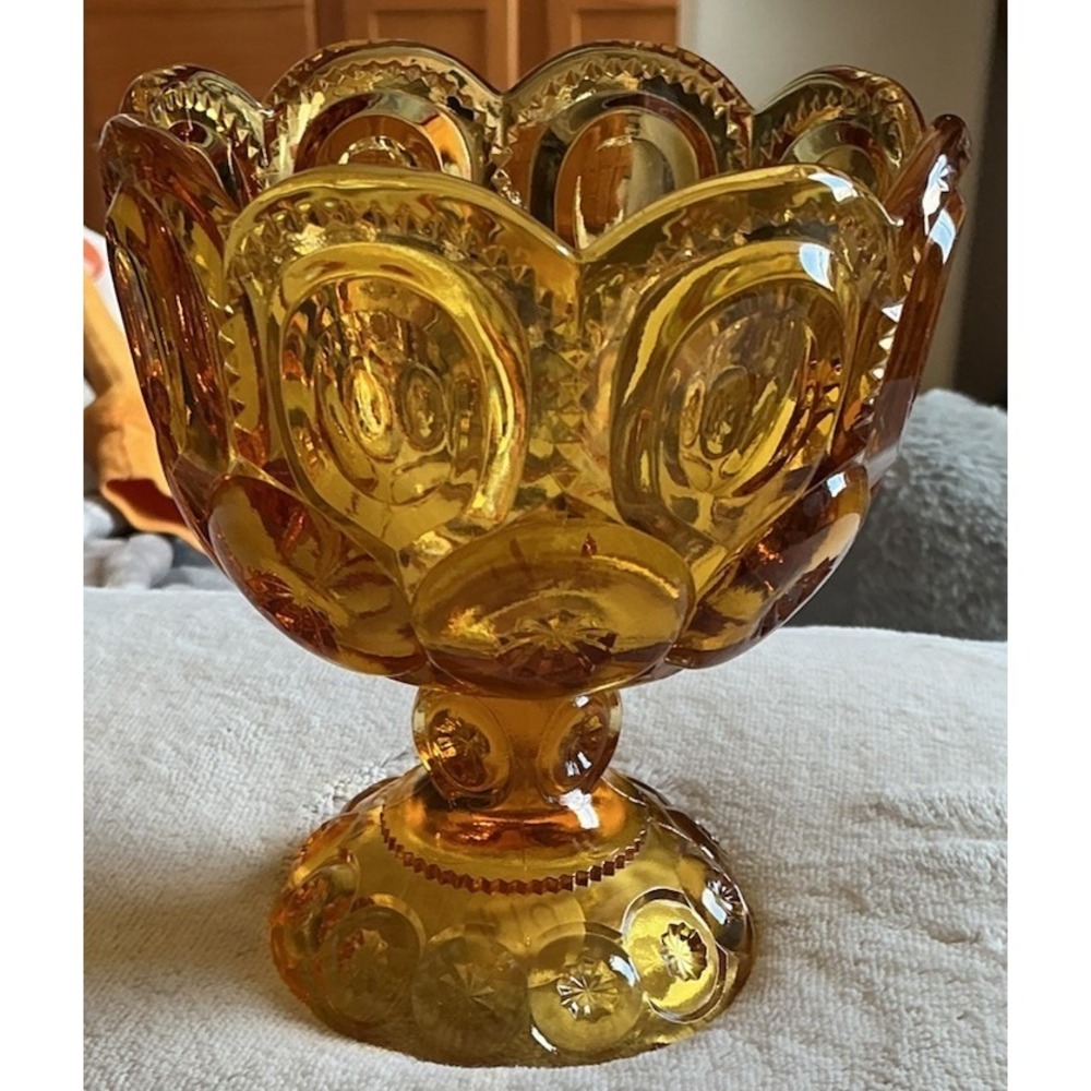 Vintage LE Smith Moon and Stars Amber Glass Pedestal Candy Dish Compote 5.5in
